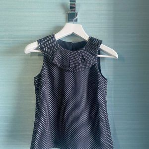 Navy & White Polka dot J.Crew Sleeveless Silk blouse with ruffle neckline XS